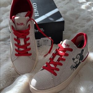 Coach Women White Sneakers with Red Laces and Mickey Graphic C7931